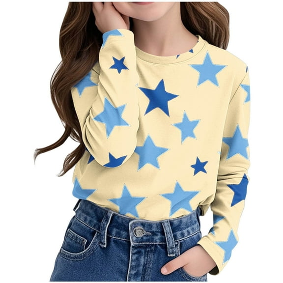 Juslio Girls Shirts Graphic Tees Long Sleeve Round Neck Print Fashion Tops Casual Kids Clothing Girls and Boys Shirts