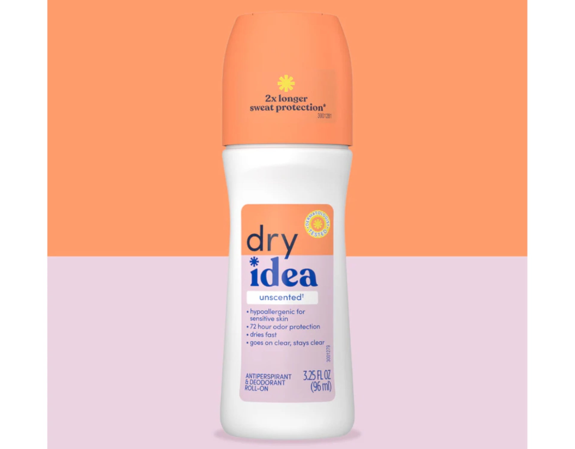 Dry Idea Antiperspirant & Deodorant Roll-On Unscented, Hypoallergenic for Sensitive Skin, 72 Hour Odor Protection, 3.25 fl oz (Pack of 6)