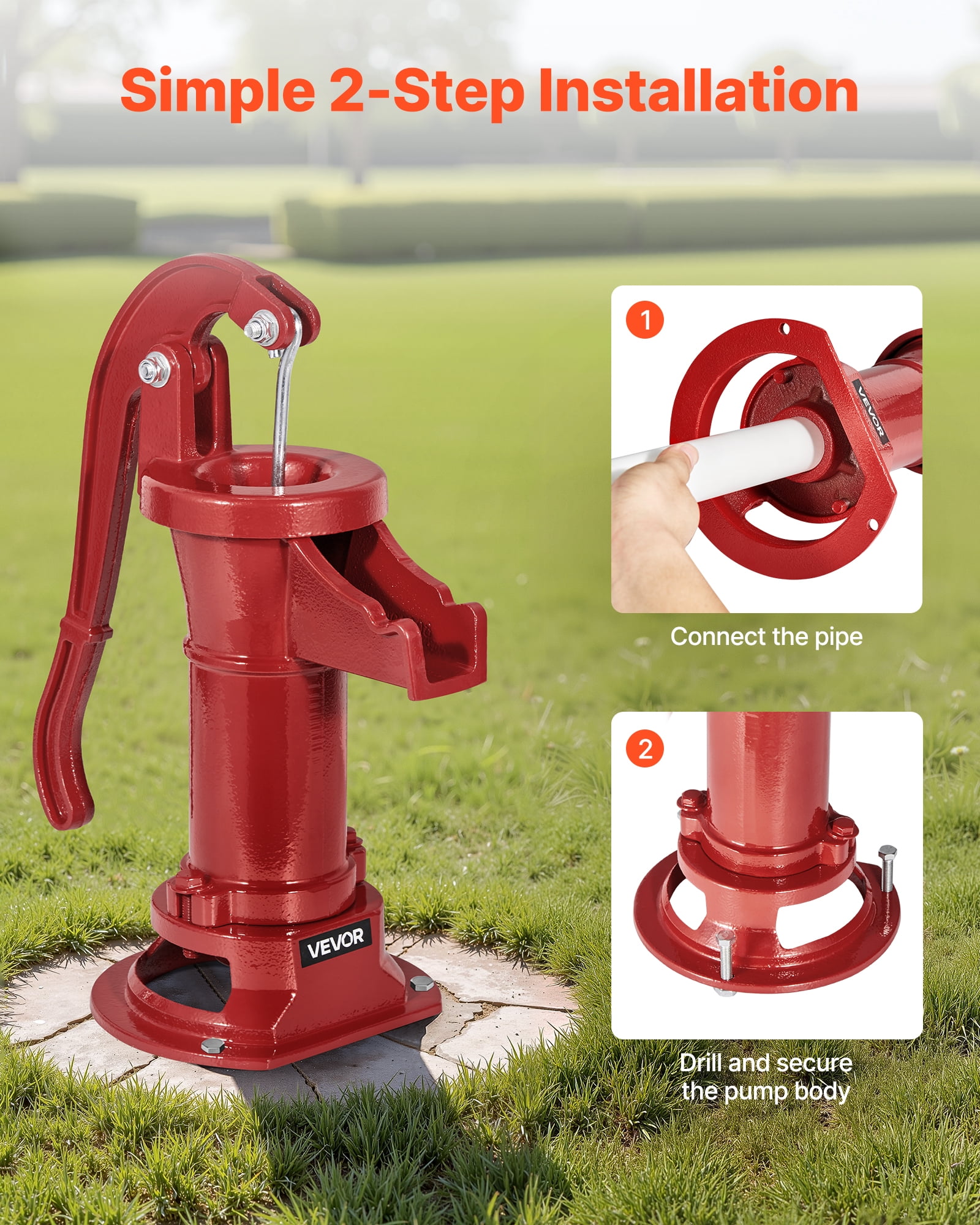 VEVOR Well Hand Pitcher Pump, 25 ft Maximum Lift, Antique Cast Iron Manual Hand Water Pump, NPT 1-1/4 in Connection, Easy Installation, Old Fashioned for Outdoor Garden, Pond, Backyard, Farm, Red