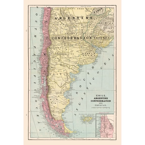 Historic Map - Chile Argentina Uruguay - Cram 1892 - 23 x 34.04 - Vintage Wall Art