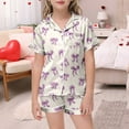 thumbnail image 2 of Little Girls Silk Pajamas Set Button Down Short Sleeve Loose Soft Bow Print Sleepwear Set 2 Piece Satin Pajama Sets Light ,140, 2 of 5