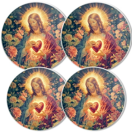 

Gas Stove Burner Cover White Electric Stove Top Protector Easy to Clean Jesus Holding A Glowing Heart Surrounded By Flowers