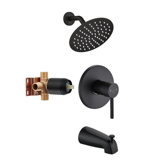 Black Tub Shower Faucet Set Complete with 6-Inch Rainfall Shower Head and Tub Spout Included Shower Valve Tub Shower Trim Kit Round Matte Black