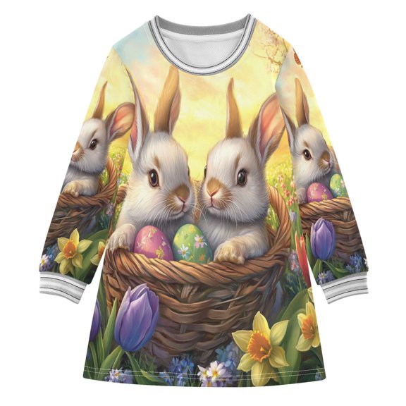 YAZAOO Little Girls Long Sleeved Hoodie A Dresses Gray Rabbit on Easter Basket Classical Creative Pattern