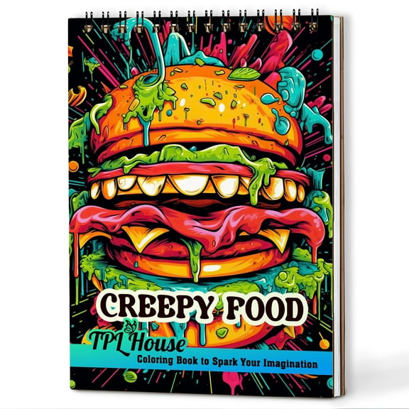 TPLHOUSE Creepy Food Coloring Book Spiral Bound for Adults, A5 Wooden Cover, 30 Chilling Coloring Pages in Blending Horror and Culinary for Stress Relief and Relaxation