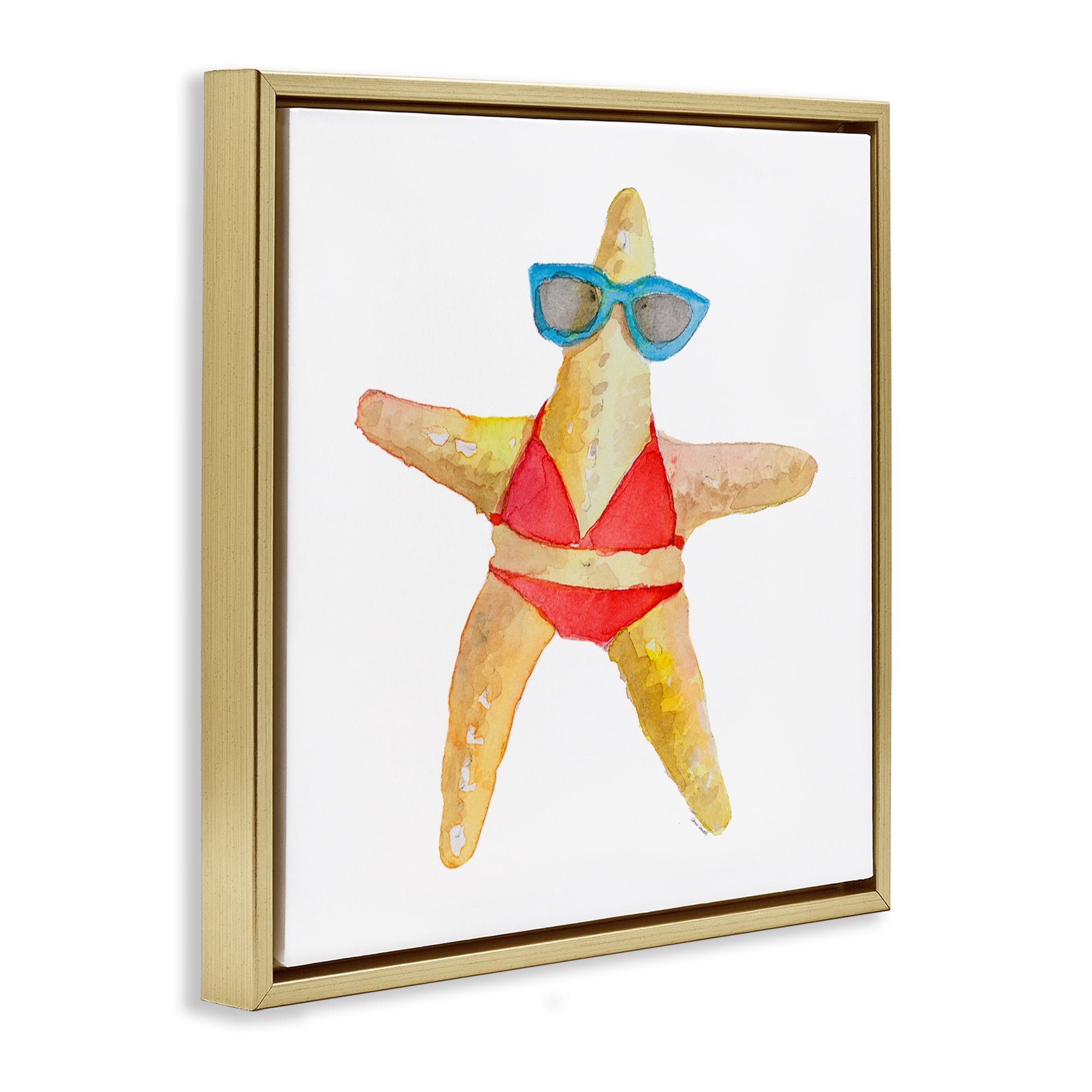 Stupell Industries Fun Swimsuit Starfish Novelty Painting Gold Floater Framed Canvas Art Print Wall Art, 18 x 18