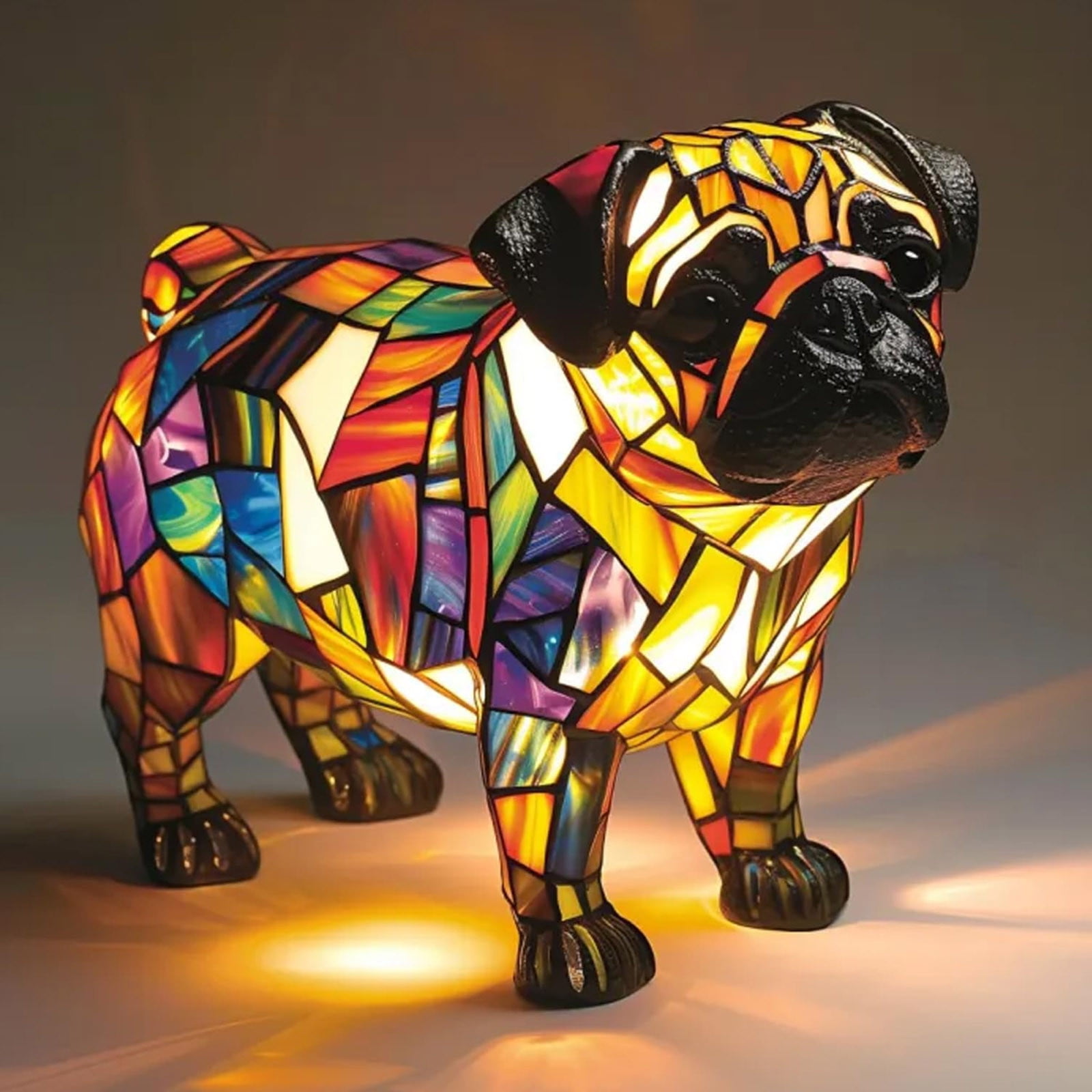 Dog Series Pug Lamp Stained Glass LED Night Light with Soft Warm Glow