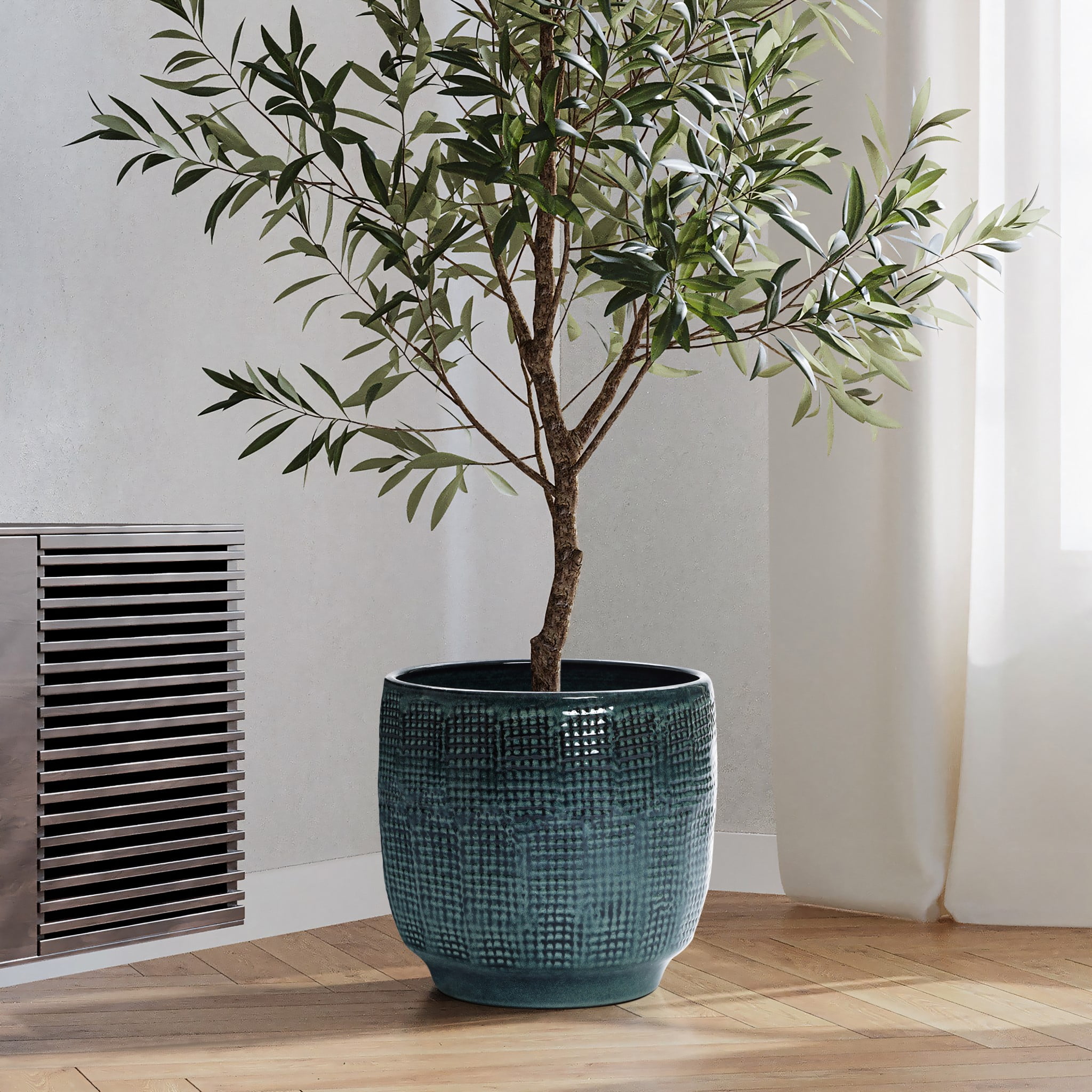 LuxenHome 12" Dia Large Ceramic Planter Pots for Plants, Teal Green Glazed Round Planter with Drainage