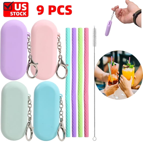 9PCS Cruise Ship Essentials, Reusable Straws Silicone Straws with Case Portable Drinking Straw Set for Party Travel Cold or Hot