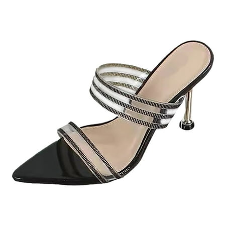 

SEMIMAY Women Shoes Summer Straight Line Sandals Fashion Open Toe Rhinestone Thin Heel Party Shoes