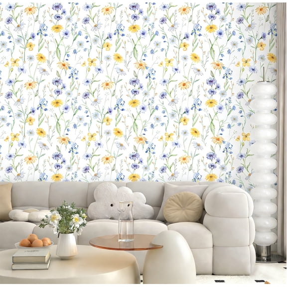 TOARTi Boho Floral Wallpaper Blue Yellow Flowers Peel and Stick Colorful Botanical Daisy Wall Decal For Bedroom Living Room 17.3in x 9.8ft