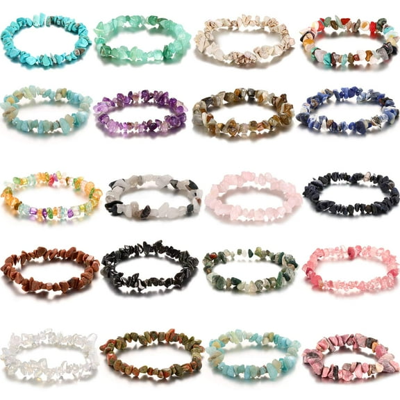 CYLLYKGIFT 20 Pieces Crystal Stretch Chip Bracelets Bulk Natural Gemstone Chakra Bracelets for Women Reiki Yoga Anxiety
