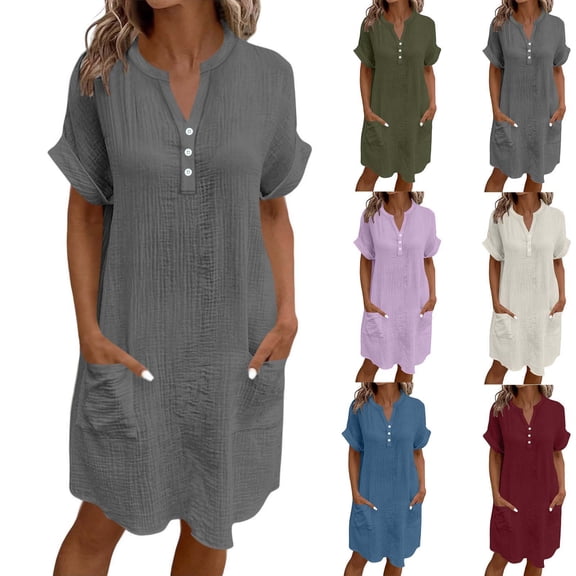 Horkkom Linen Dress Women V Neck Solid Color Short Sleeve Sundresses Beach Vacation T Shirt Dress with Pocket, S-2XL