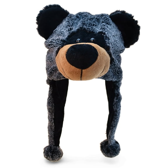 DolliBu Super Soft Black Bear Plush Hat - Fluffy Stuffed Animal Bear Halloween or Cosplay Costume Toy Hat with Ear Flaps For Kids and Teens - One Size