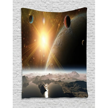 Outer Space Tapestry Moons And Universe View From The Earth S Surface Galaxy Theme Art Print Wall Hanging For Bedroom Living Room Dorm Decor Brown