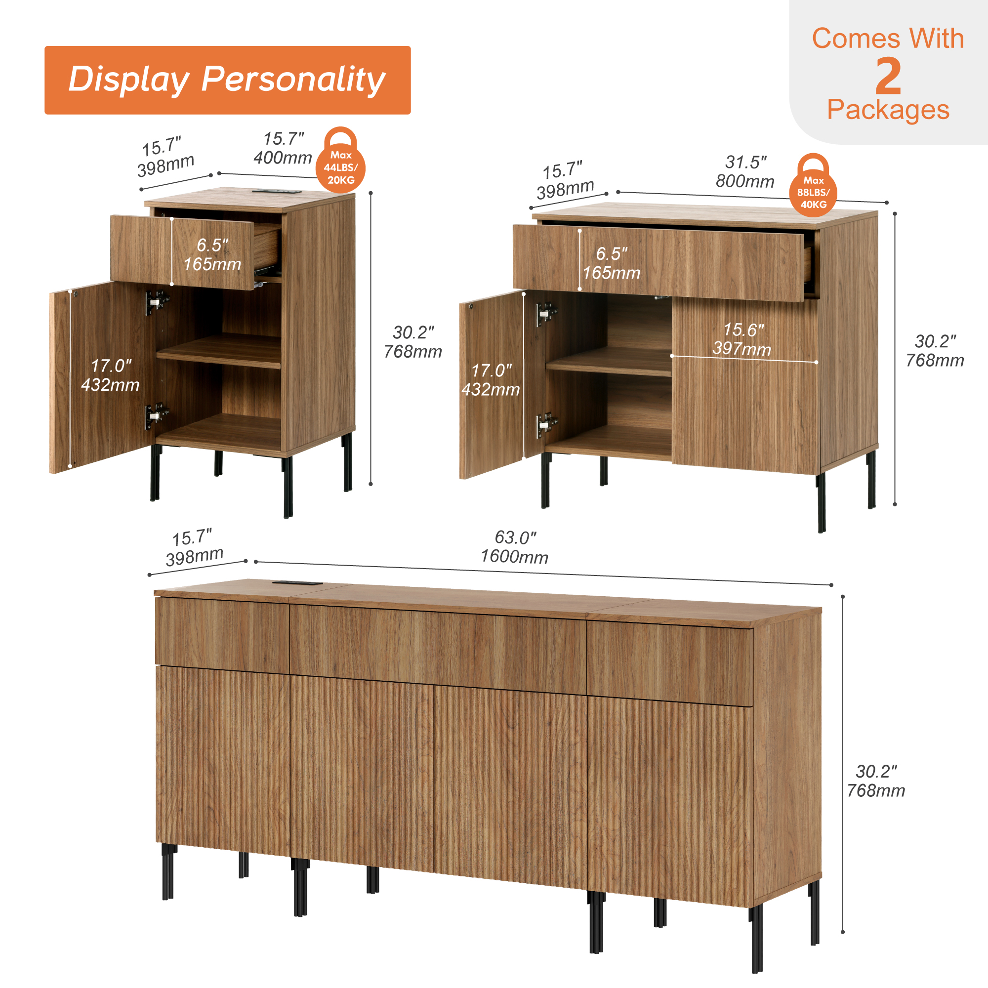 Modern Reeded Dresser TV Stand for TVs up to 75 Inch, Entertainment Center with Charging Station, Wooden TV Console with Storage for Living Room
