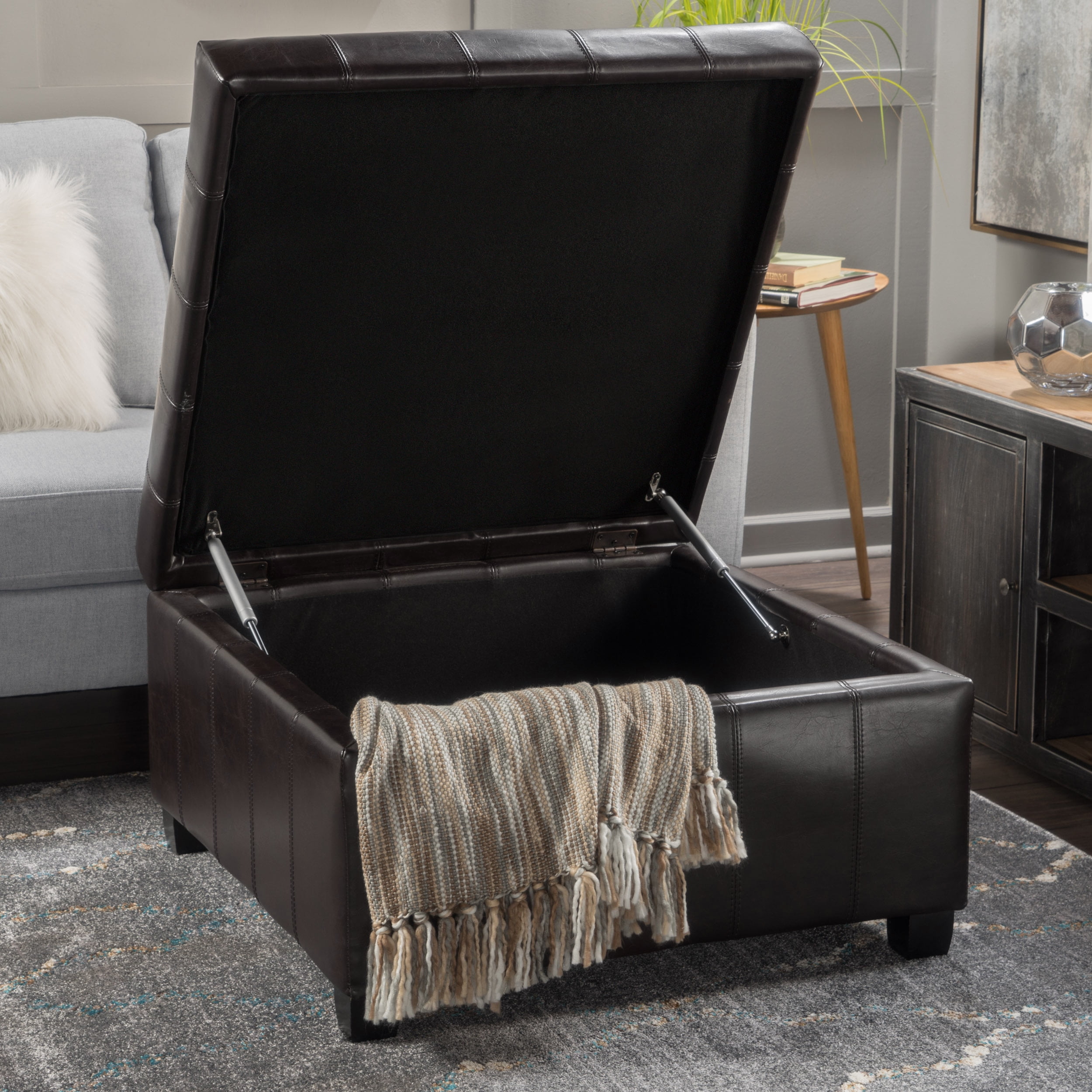 Noble House Allison Contemporary Tufted Bonded Leather Storage Ottoman, Brown and Dark Brown