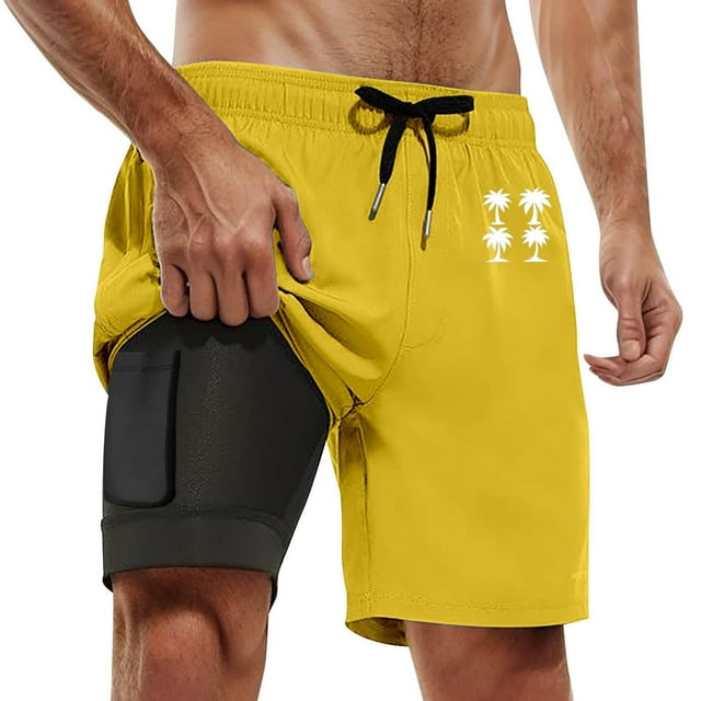 Ediodpoh Mens Swim Trunks Summer Fashion Gradient Color Double Layer Board Pants with Pockets Swim Shorts for Men Yellow XXXXXL
