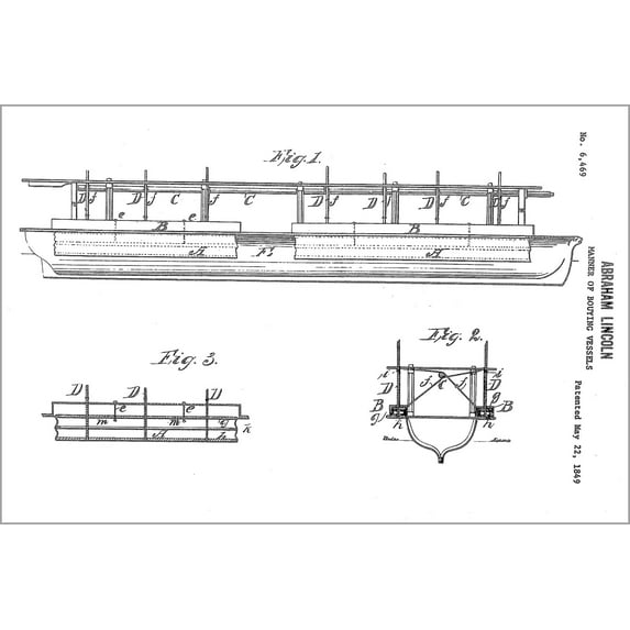 24"x36" Gallery Poster, Abraham Lincoln patent of buoying vessels over shoals 1849