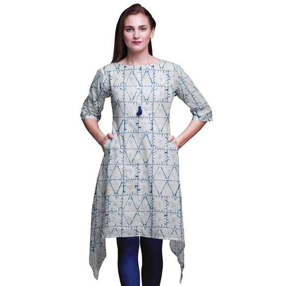 Bimba Blue Geometric Shibori Women Kurtas Ethnic Printed Asymmetric Summer Wear Tops For Women Small