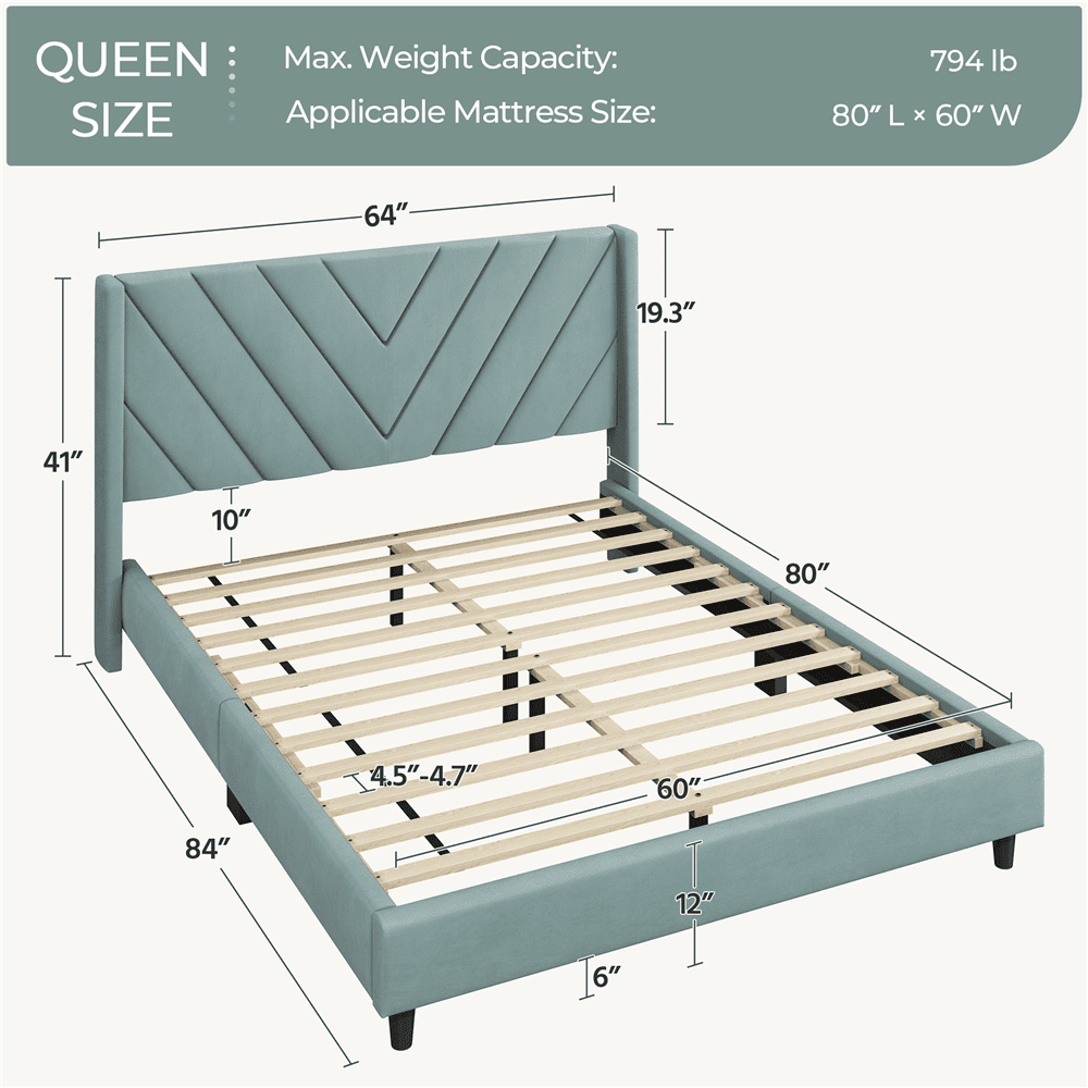 Fullfurnique Upholstered Platform Bed Frame with Tufted Headboard, Queen, Blue Lake