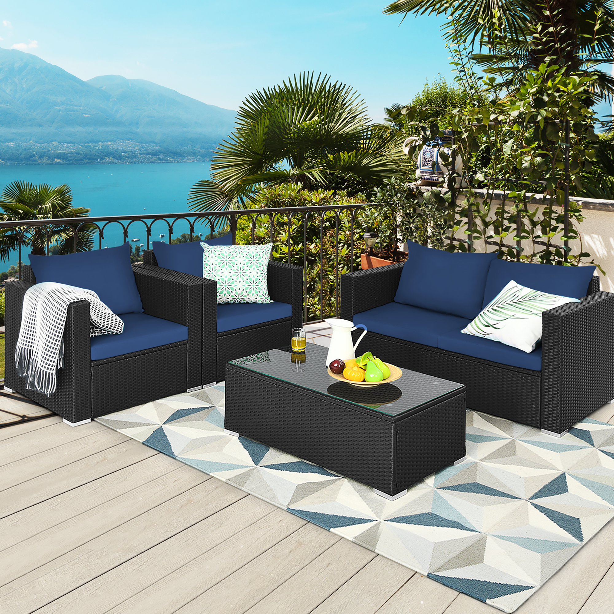Patiojoy 4-Piece Rattan Patio Furniture Set – Cushioned Sofa, Chairs & Coffee Table