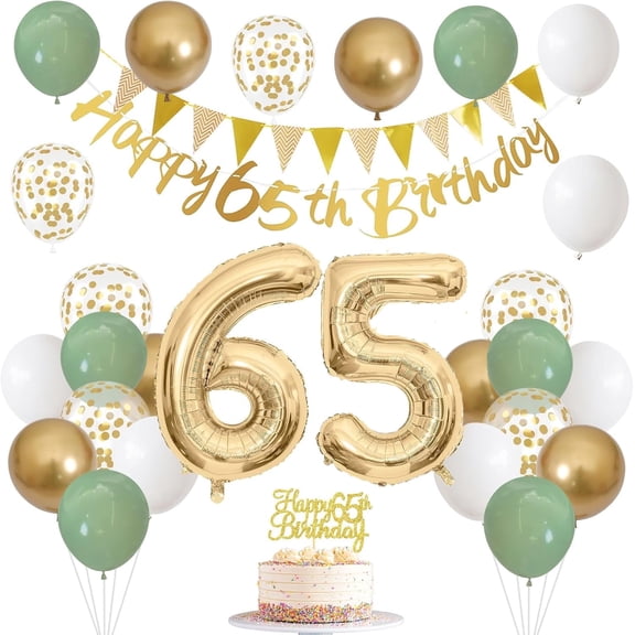 Sage Green White Gold 65th Birthday Balloons with Happy 65th Banners Cake Decorations Number 65 Balloon 65 Year Old Hanging Streamer Bunting Birthday Happy 65th Anniversary Sixty Five Party Supplies