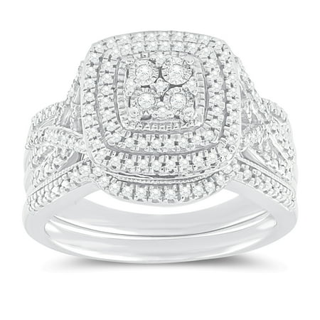 Forever Bride 1/3 Cttw Diamond Cushion Bridal Set in Sterling Silver