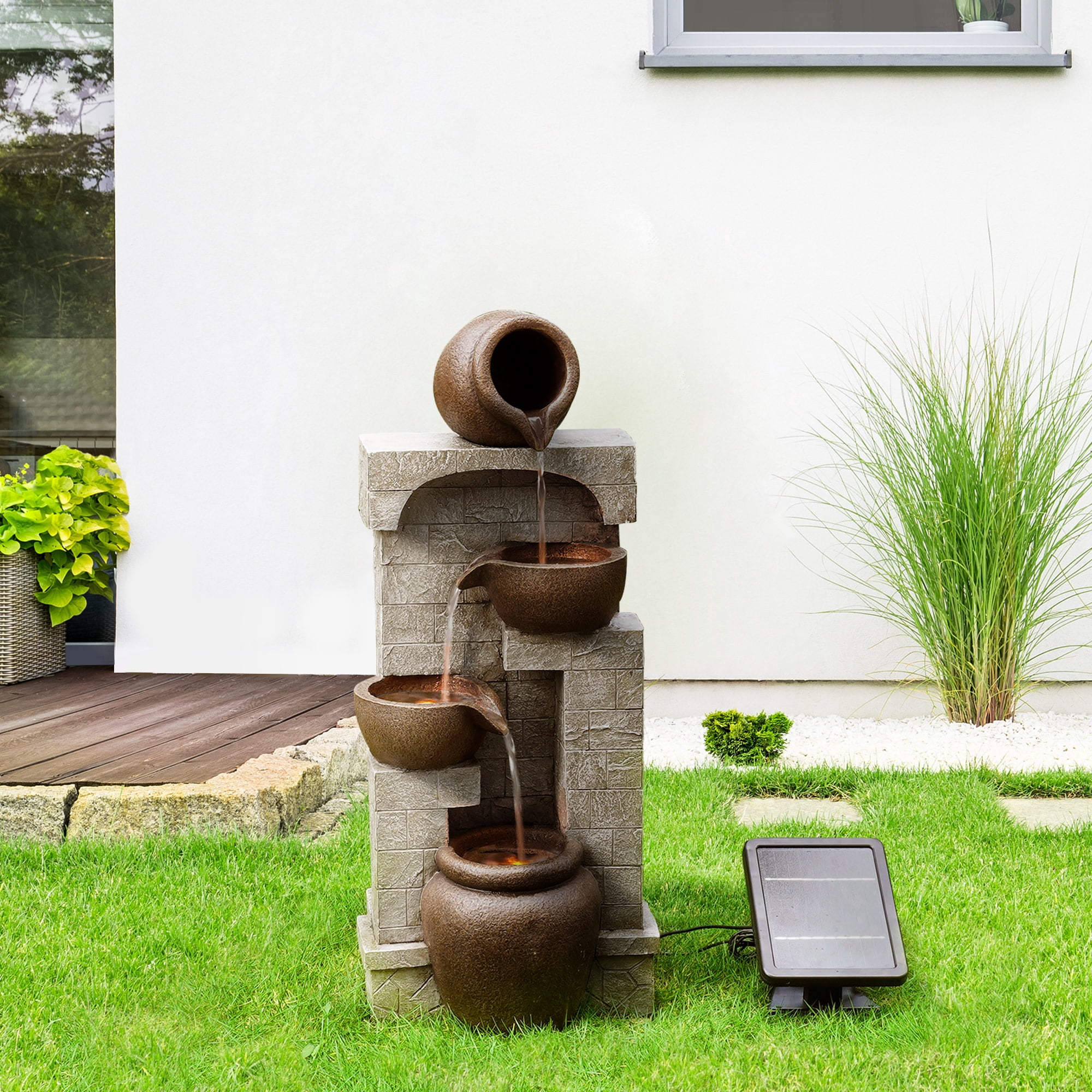 Teamson Home 4-Tier Outdoor Water Fountain with Cascading Bowls, Stacked Stone & Solar LED Lights