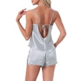 thumbnail image 3 of INSPIRE CHIC Womens Satin Loungewear Lace Silky Bow Spaghetti Strap V Neck Top with Split Shorts Pajama Set S Grey, 3 of 6
