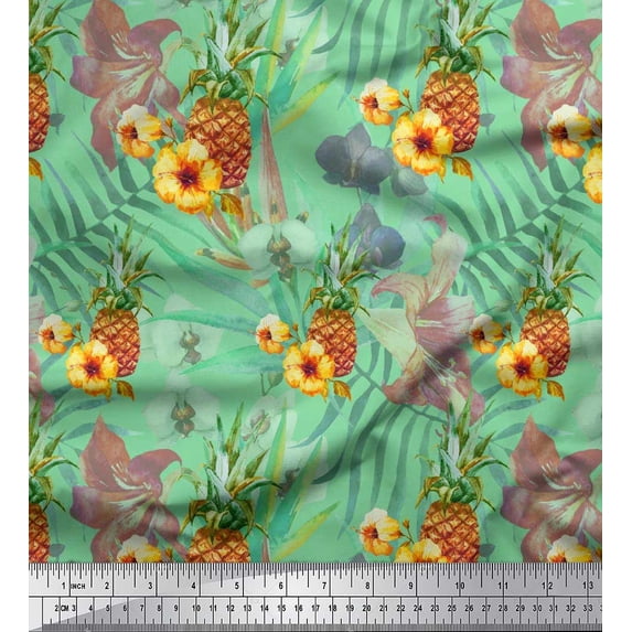 Soimoi Green Cotton Jersey Fabric Lily & Pine Fruits Decor Fabric Printed Yard 58 Inch Wide