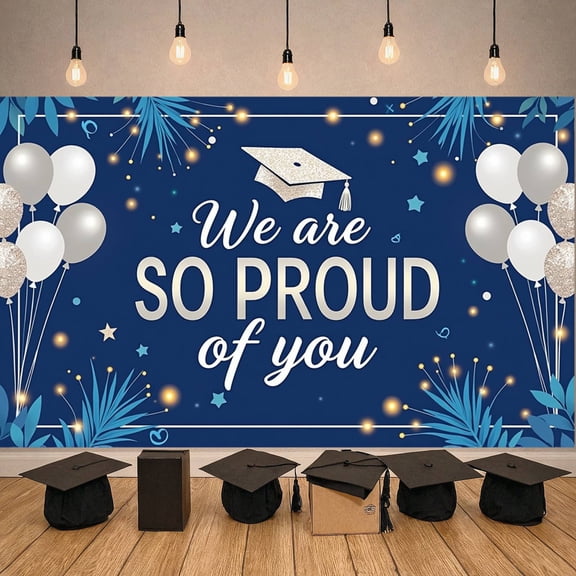 Navy Blue Graduation Banner Glitter Graduation Cap Graduation Backdrop Silver & Gold Balloons Star Decorations Graduation Display for Graduation Ceremony College Graduation Graduation Party