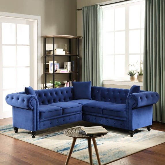 High-End Living Room Chesterfield Sofa, 80'' Classic Velvet Rolled Arm Couches and Sofas with 3 Pillows, L-Shaped Button-Tufted Scrolled Back Furniture Set with Solid Wood Legs, Blue, S9890
