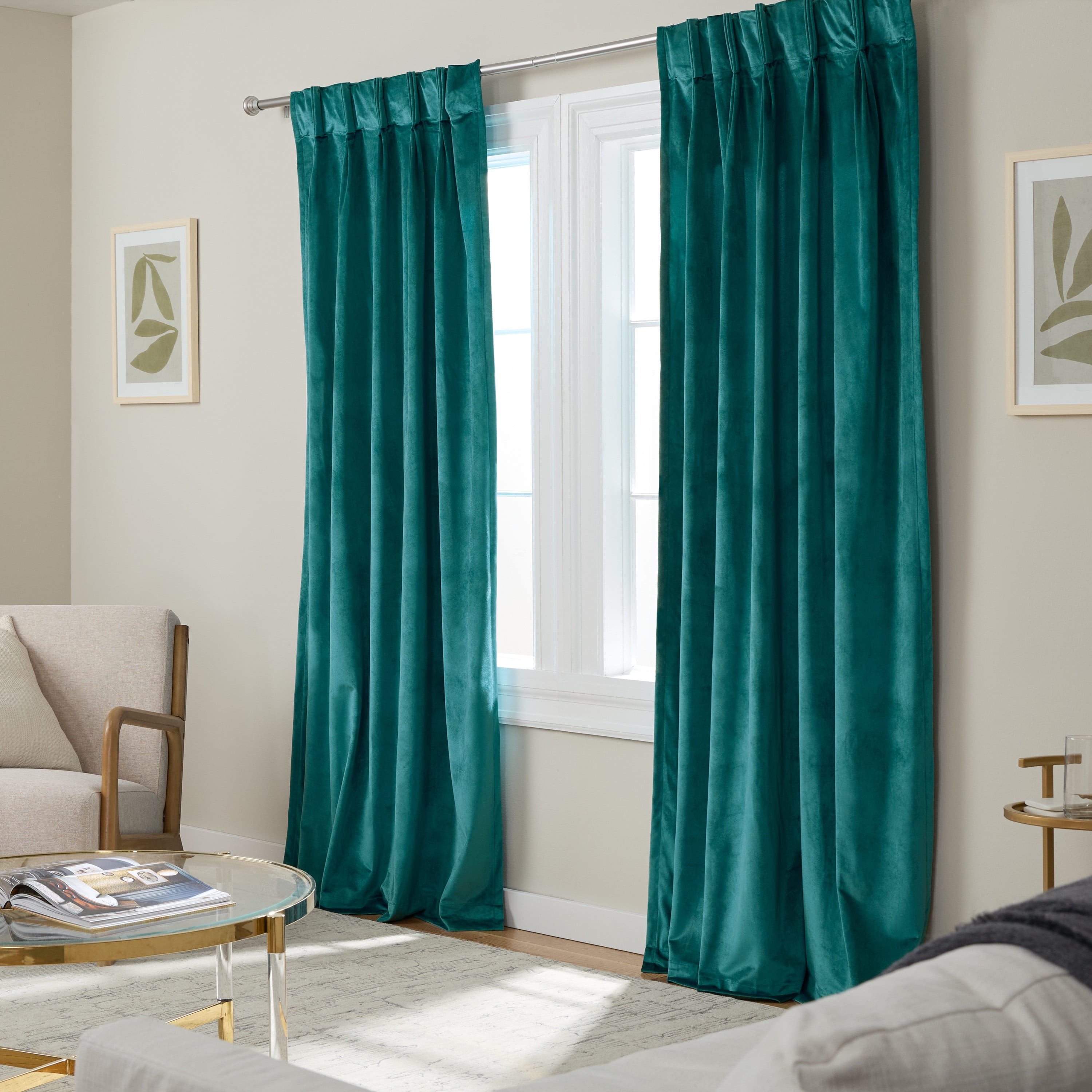 TOWN & COUNTRY LUXE Velour Solid Heavyweight Indoor Curtains, Light Filtering Opacity, Triple Pinch Pleat Top, Plush Velvet, 2-Pack Set, 27"x108", Teal