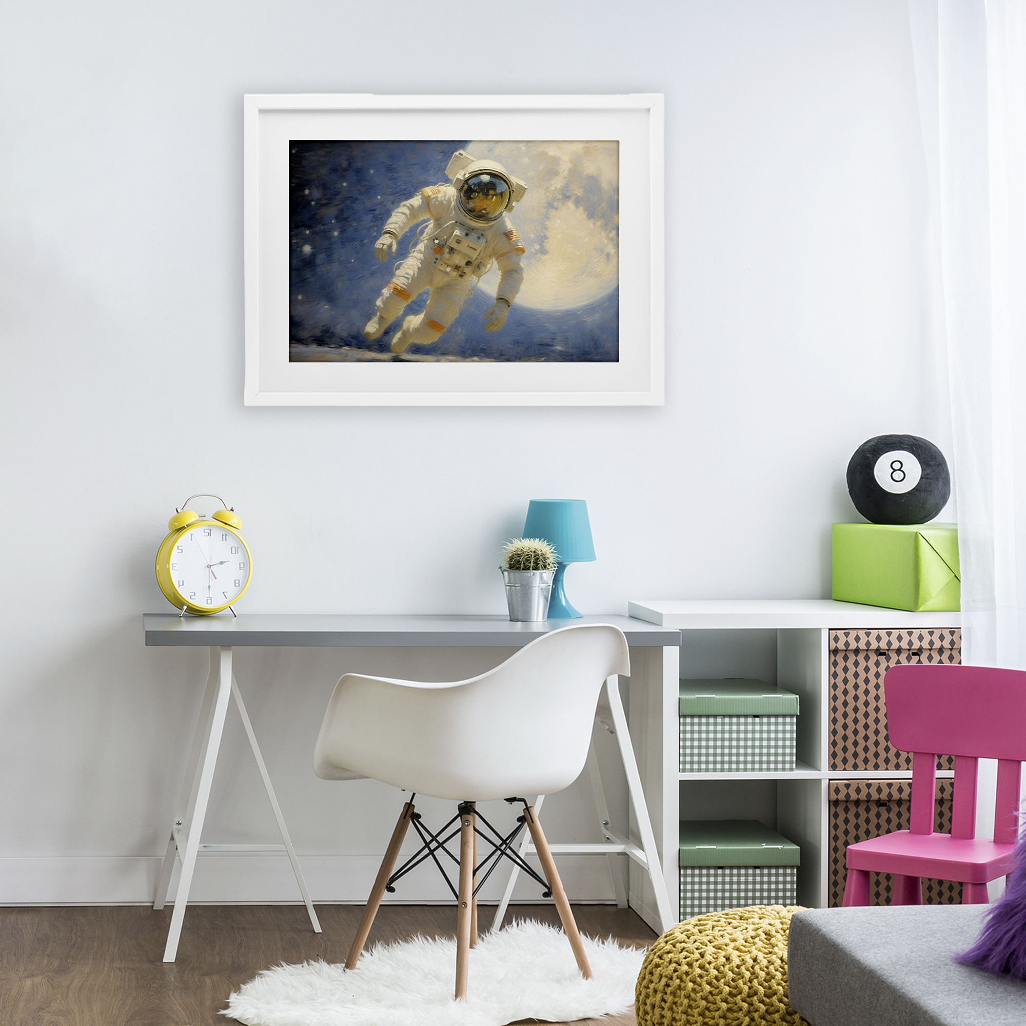 Astronaut in Vast Galaxy White Framed Print Under Glass, design by Angie Hawke