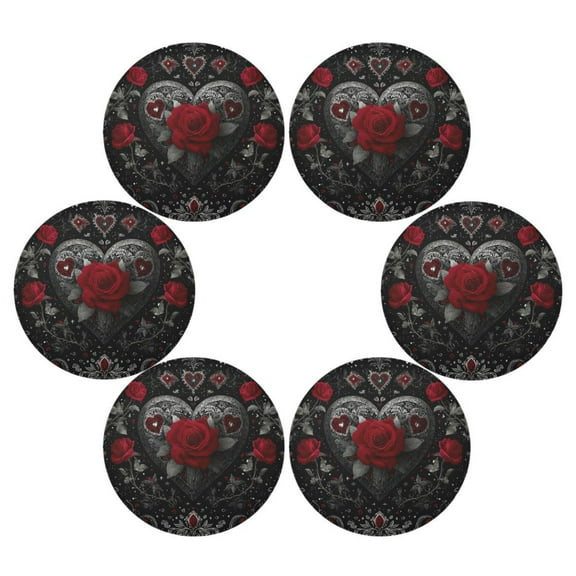 Round Placemats Set of 6 Heat Resistant Washable Kitchen Table Decorations 15.4in Silver and Bright Red Roses