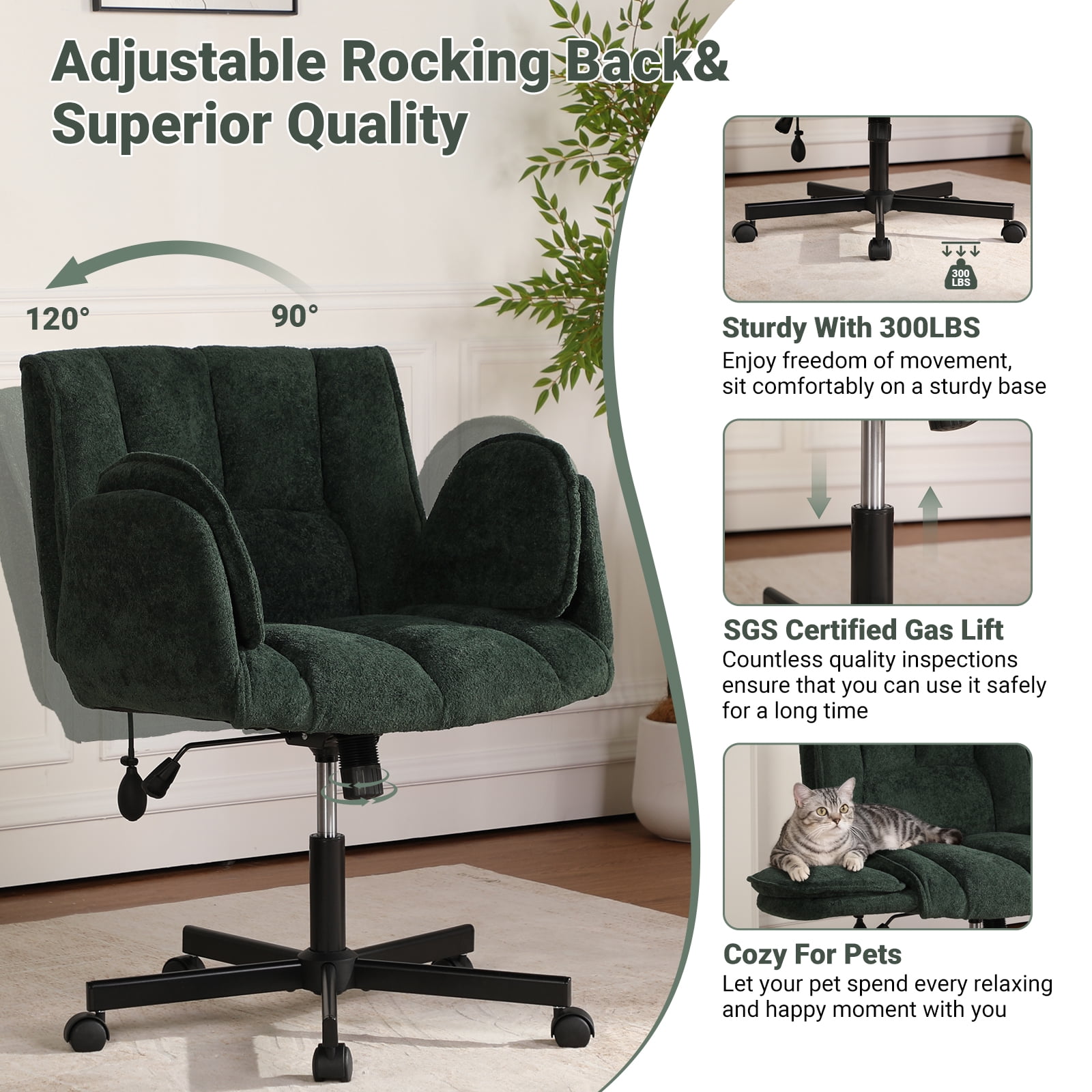 Criss Cross Office Chair with 6-Level Folding Arms and Wheels, Ergonomic Fabric Cross Legged Chair with Dynamic Lumbar Support, Plus Size Swivel Vanity Chair for Home Office, Living Room, Makeup