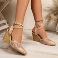 thumbnail image 5 of Rokment Women's Lace Flower Wedge High Heels Dressy Sandals Bridal Elegant Delicate Crochet Pointed Closed Toe Chunky Heeled Dress Pumps Strappy Shoes for Summer Fall Beige Size 6, 5 of 9