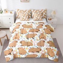 Homewish Cute Animal Floral Capybara 7-Piece Twin Bedding Sets for Children Teens Boys,Cartoon Wildlife Bedding Comforter Set,Black Brown Breathable Sheet Sets,Breathable Home Decor,Reversible