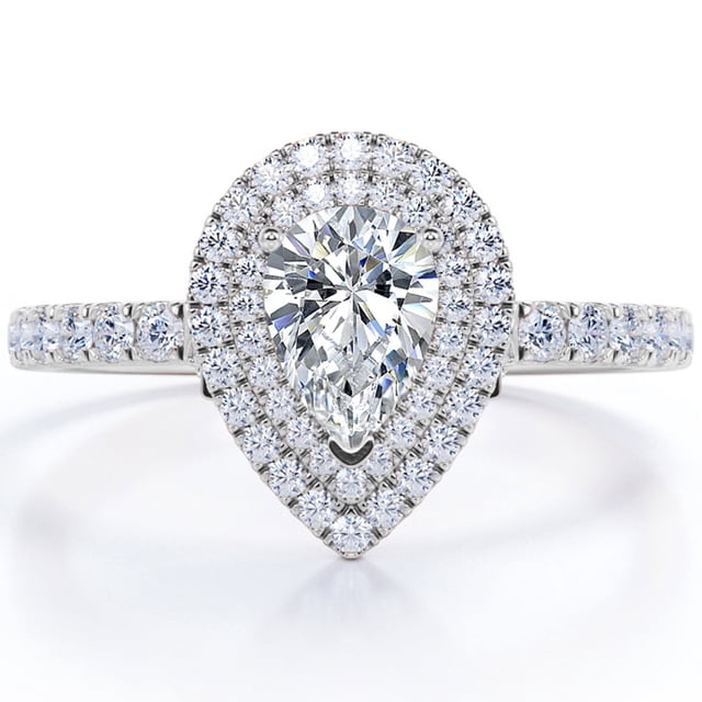 JeenMata Anillo de Compromiso con Doble Halo de Moissanita en Forma de Pera de 1,75 Quilates con Estilo Pavé Certificado en Baño de Oro Blanco de 18 K sobre Plata