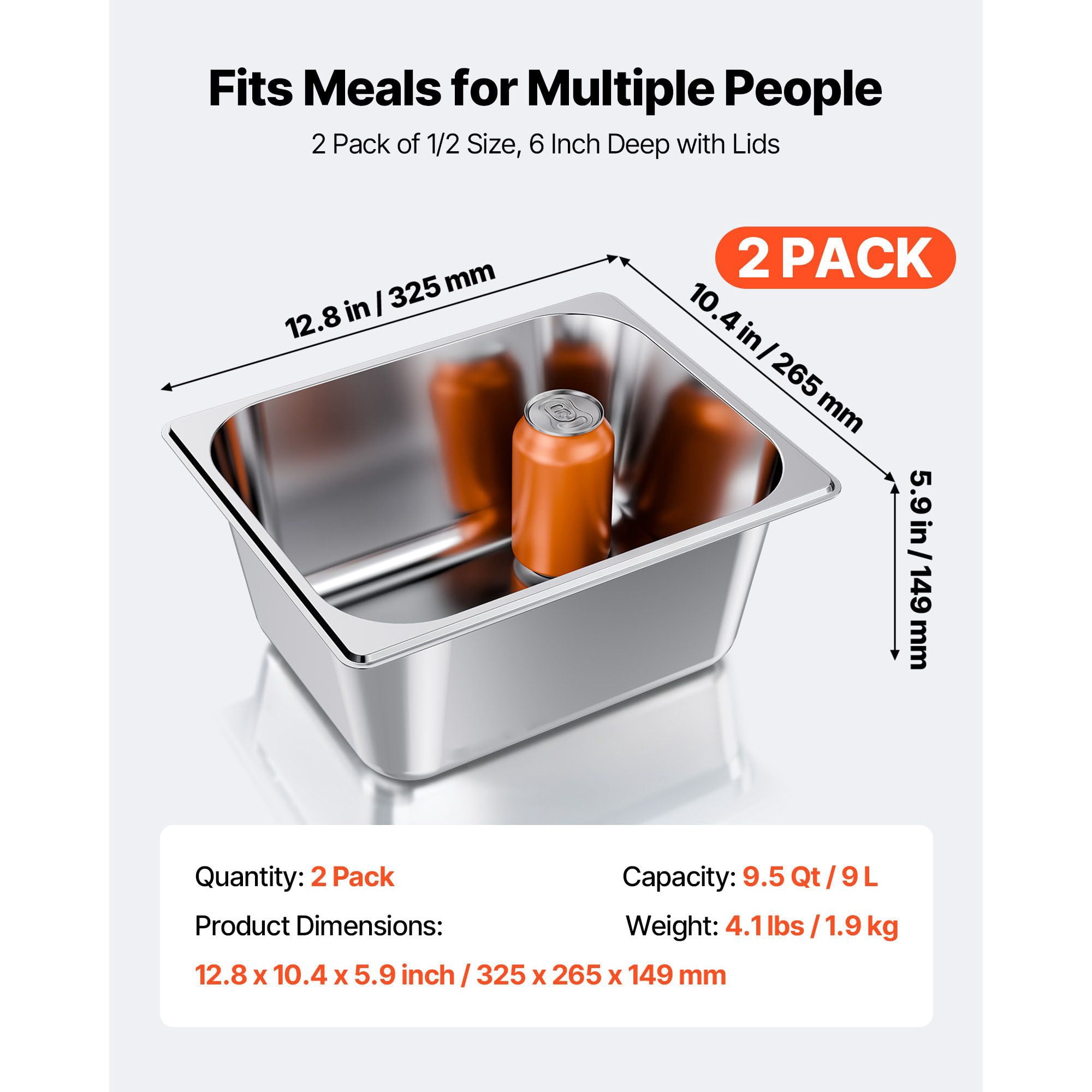 2-Pack 1/2 Size Stainless Steel Hotel Pans with Lids, 6 Inch Deep, 22-Gauge SS201, Temperature Range -40°F to 500°F, for Commercial Kitchens, Catering & Buffets