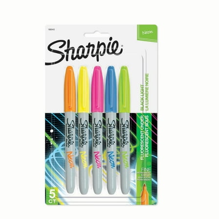 Sharpie Neon Permanent Markers, Fine Point, Assorted, 5 Count