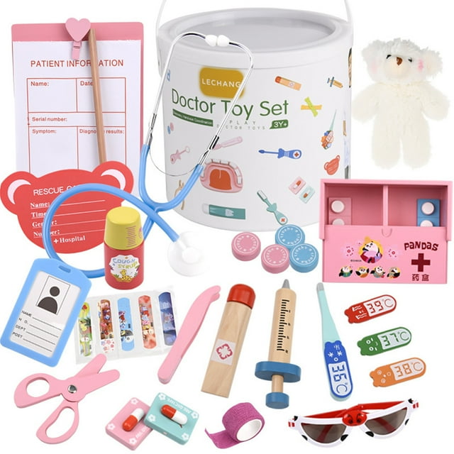 Kit médico Kit de médico realista para niños, juego de juguetes de madera con estetoscopio, termómetro, jarabe para la tos, vendaje adhesivo, jeringa, oso de juguete, cubo de almacenamiento para niños Romacci Kit médico