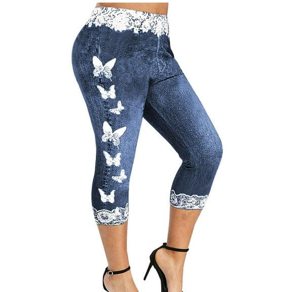VERUGU Capris Pants for Women Elastic Fashion Printed Tight Casual Capris Navy 5XL