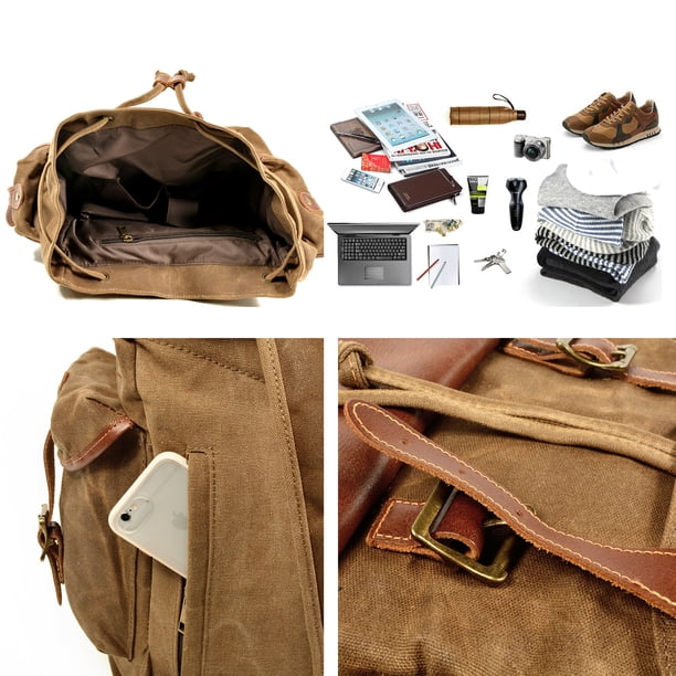 canvas leather trim backpack Lmagice Genuine waxed Travel Rucksack Laptop Bag : Electronics tone rivets. Cotton Canvas Leather Trimmed Backpack