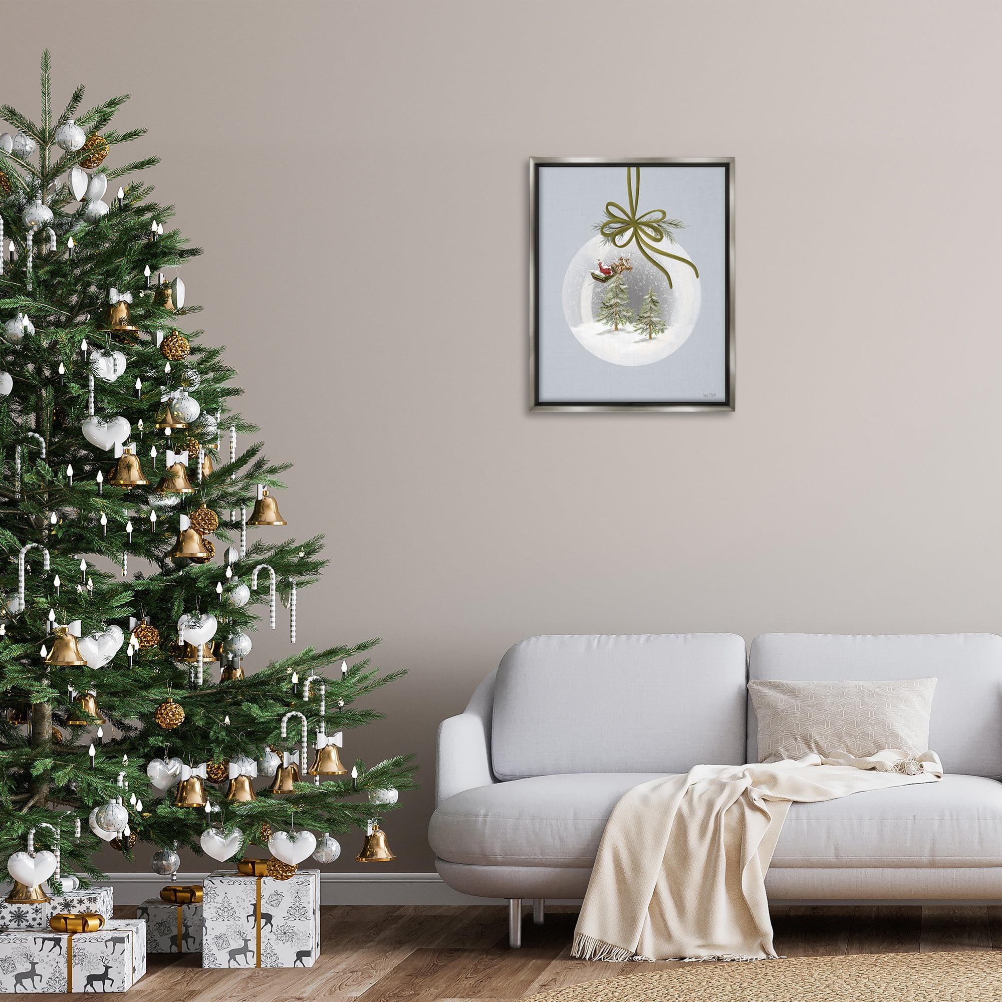 Stupell Industries Santa Sleigh Snowglobe Holiday Painting Gray Floater Framed Art Print Wall Art, 25 x 31