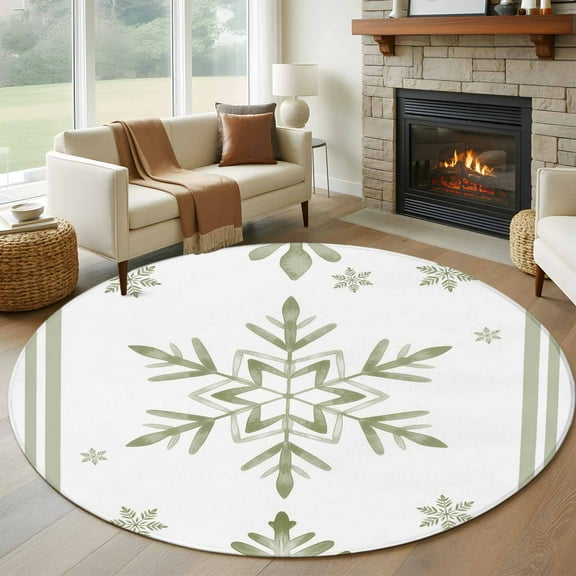 Sage Green Snowflake Christmas Round Rug 5ft Washable Circle Kitchen Rugs Non Slip Xmas Abstract Art Winter Large Area Rug Indoor Floor Carpet for Bedroom Living Room Home Office Dining Room Nursery