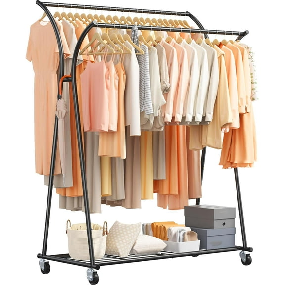 SLSRFD Clothes Rack,Rolling Clothing Racks for Hanging Clothes Portable & Double Rod Garment Rack with Wheels 69''H*52''W*20''D