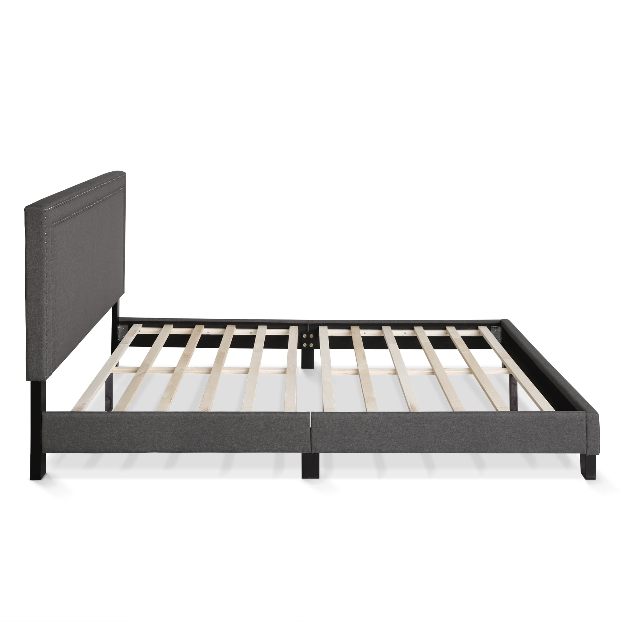 Furinno LAVAL Queen Upholstered Bed Frame with Double-Row Nailhead Headboard and 12-Piece Wooden Slat Support, Dark Grey