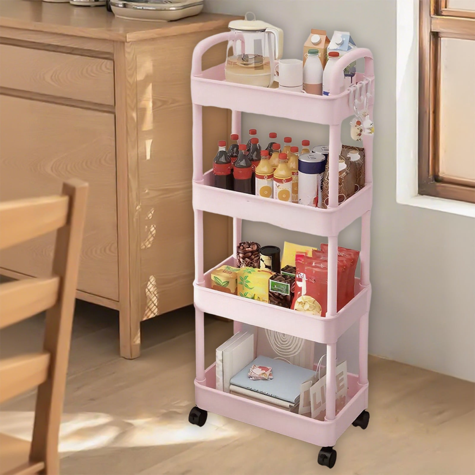 SIYTUAU Pink 4-Tier Kitchen Storage Cart With Armrests And Wheels For Bathroom Toiletries Organizer 13.8 X 8.7 X 38.2 Inch Pink Color Plastic Material For Home Use Pink